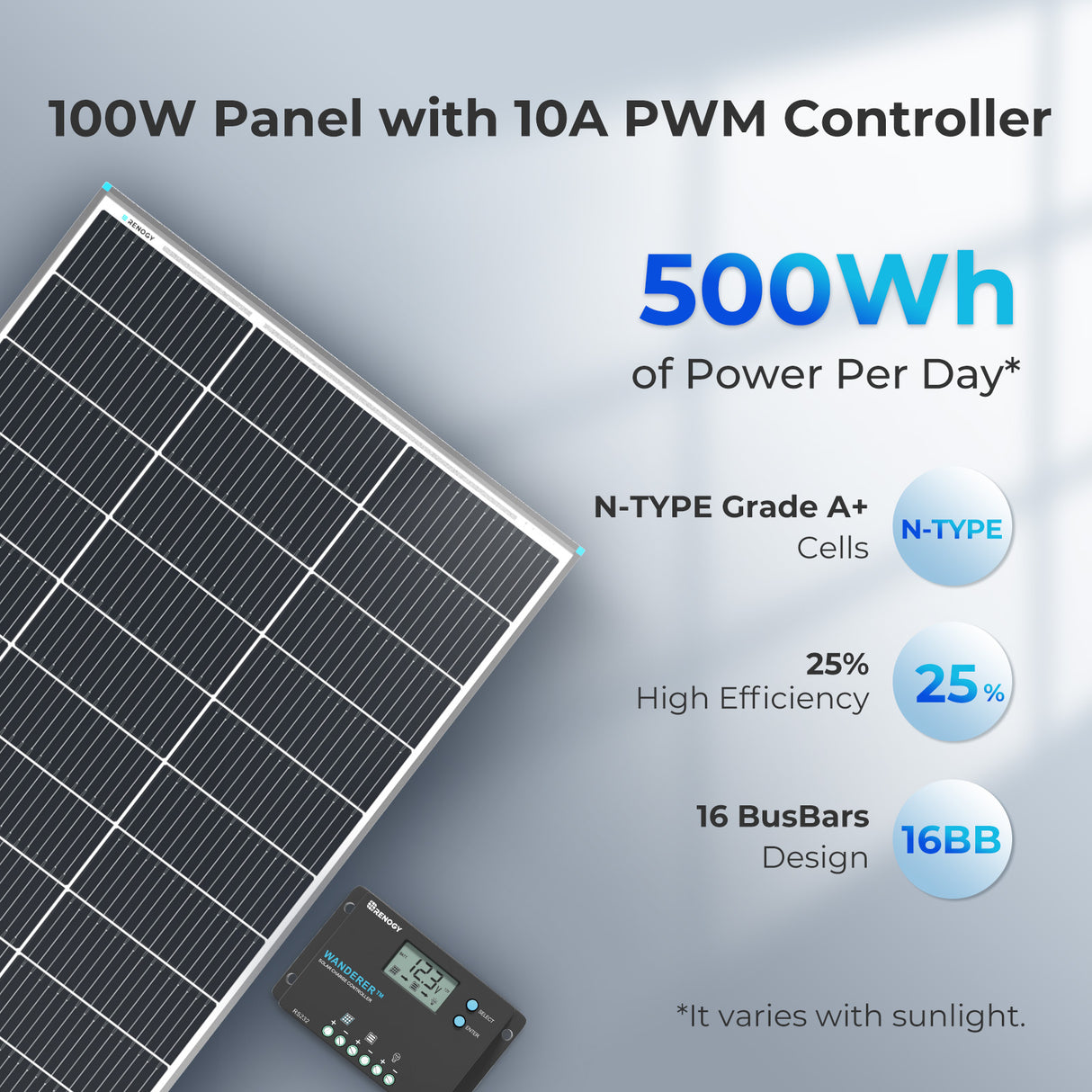 Kit de démarrage solaire monocristallin 100 W 12 V avec contrôleur de charge Wanderer 10 A