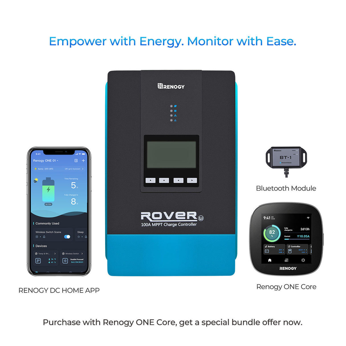 Contrôleur de charge solaire MPPT Rover 100 A 12 V/24 V/36 V/48 V avec Renogy ONE CORE 