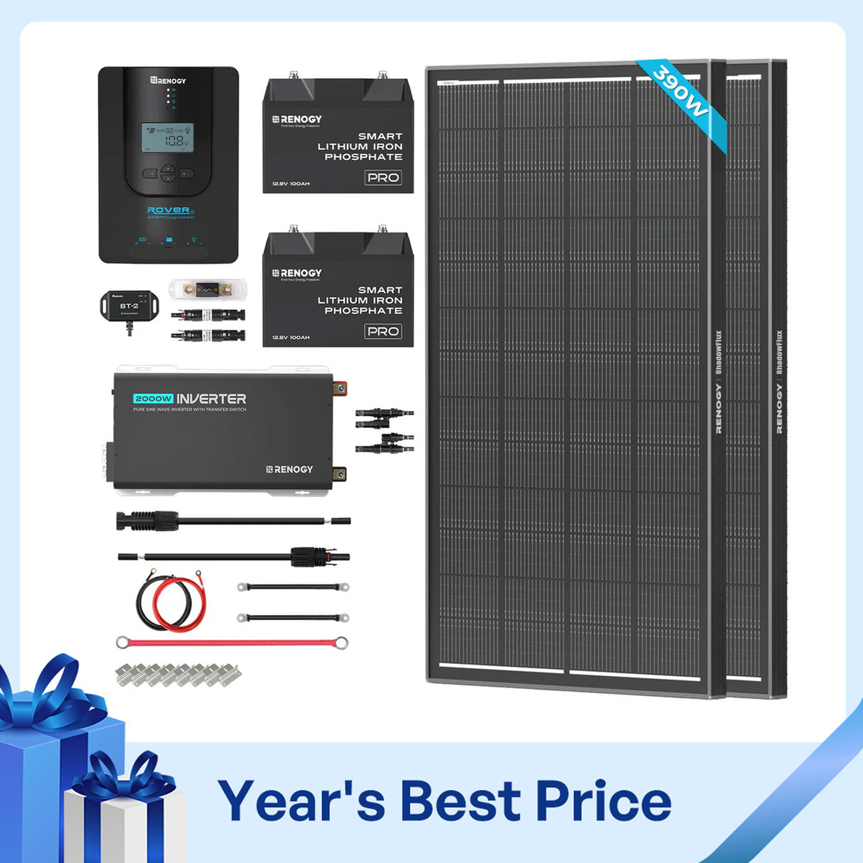 390W 12V Shadowflux Complete Solar Kit w/ Two 100Ah Bluetooth & Self-Heating LiFePO4 Batteries