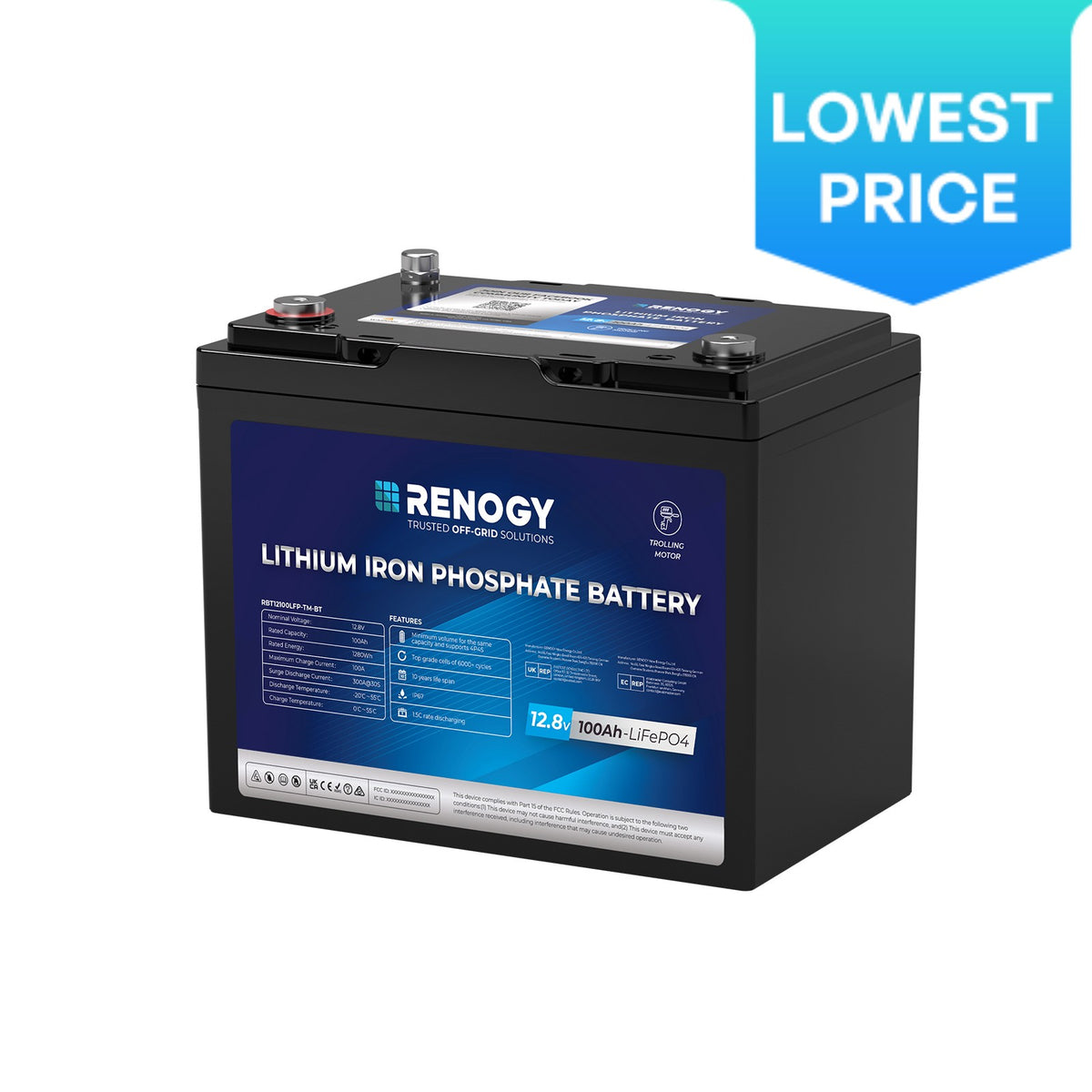 Renogy Core - Batterie LiFePO4 12 V 100 Ah pour moteur de pêche à la traîne avec Bluetooth