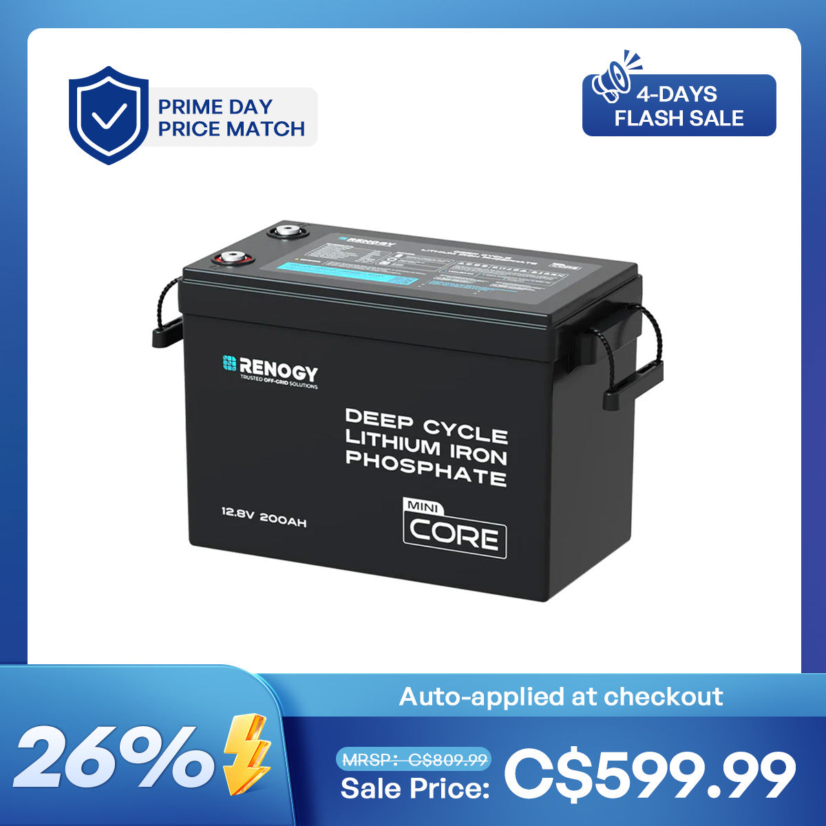 Mini Size 12V 200Ah Lithium Iron Phosphate Battery w/ Low-Temperature Protection