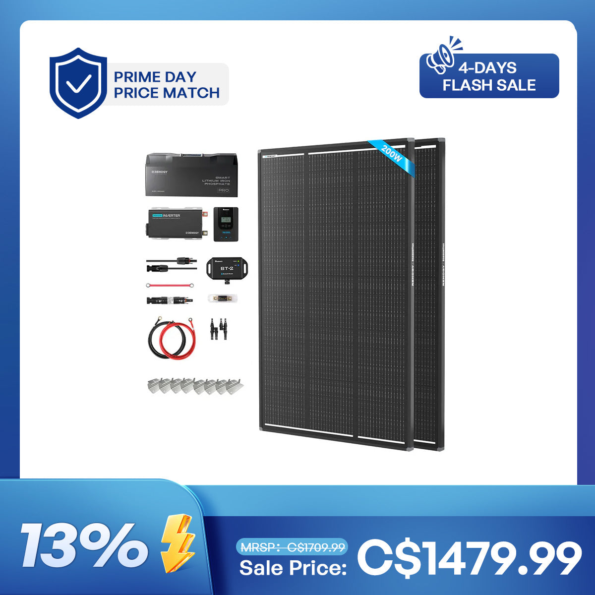 200W 12V Complete Solar Kit w/ LiFePO4 Battery