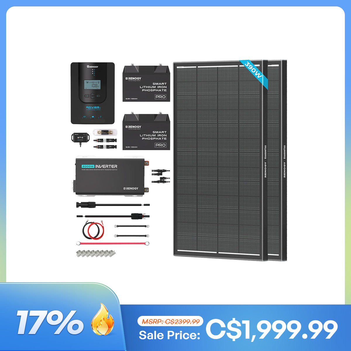 390W 12V Complete Solar Kit w/ Two 100Ah LiFePO4 Batteries