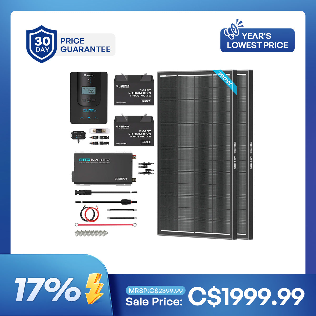 Kit solaire complet Shadowflux 390W 12V avec deux batteries LiFePO4 100Ah Bluetooth et auto-chauffantes