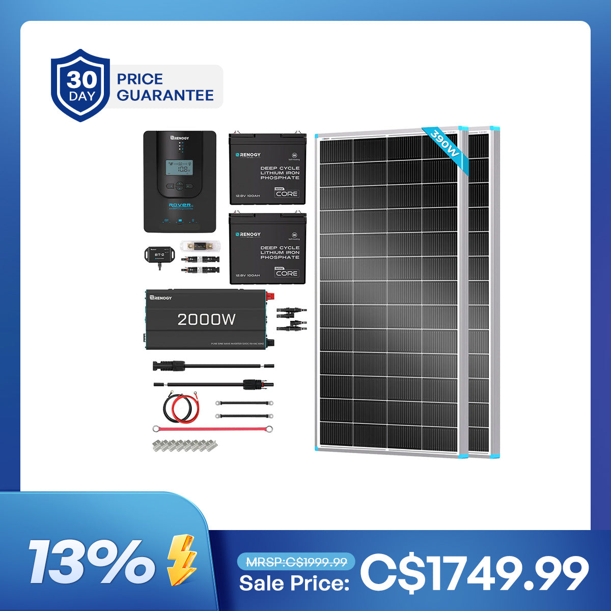 Kit solaire complet Renogy 390 W 12 V avec deux batteries LiFePO4 100 Ah