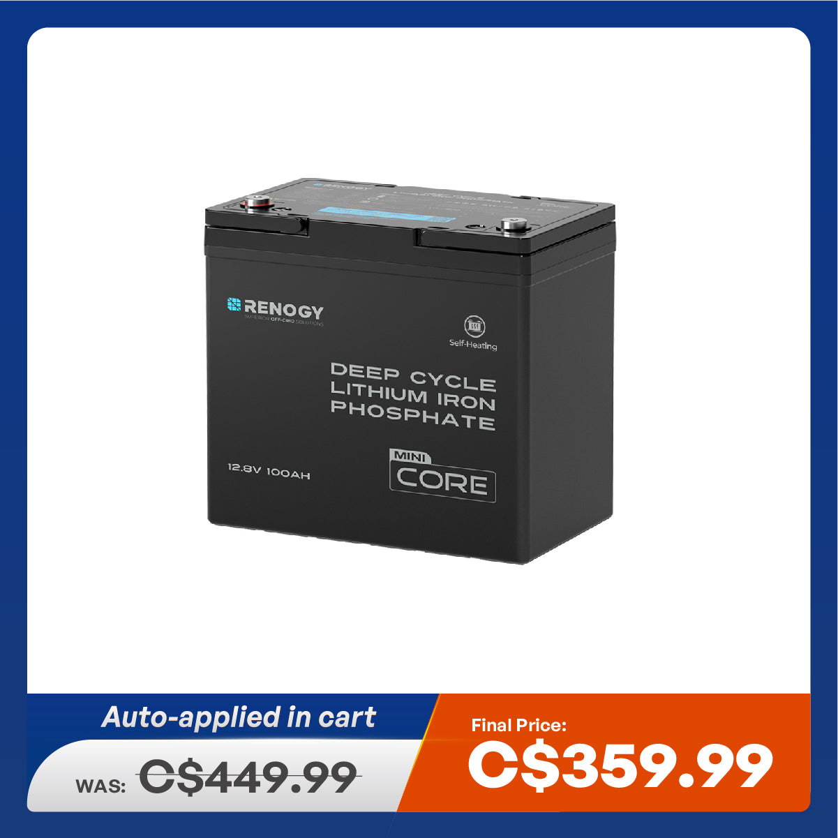 Renogy Core - Batterie lithium fer phosphate 12 V 300 Ah à décharge profonde avec fonction auto-chauffante