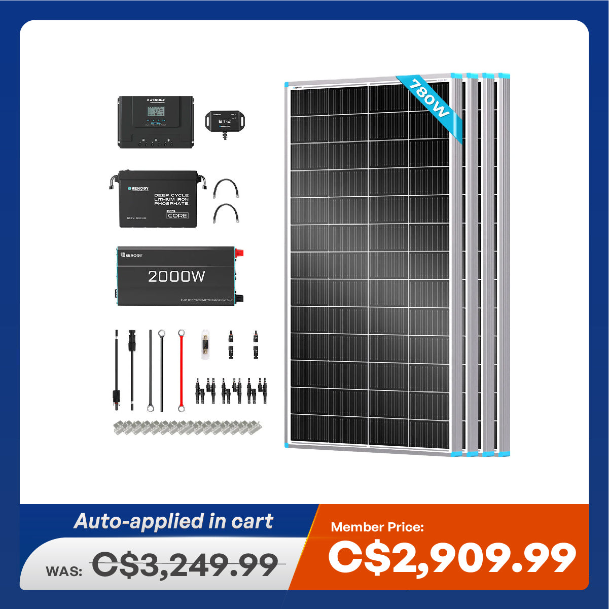 Kit solaire complet Renogy 780 W 12 V avec batterie lithium 300 Ah
