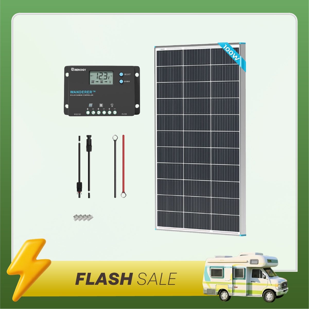 100W 12V Monocrystalline Solar Starter Kit w/Wanderer 10A Charge Controller