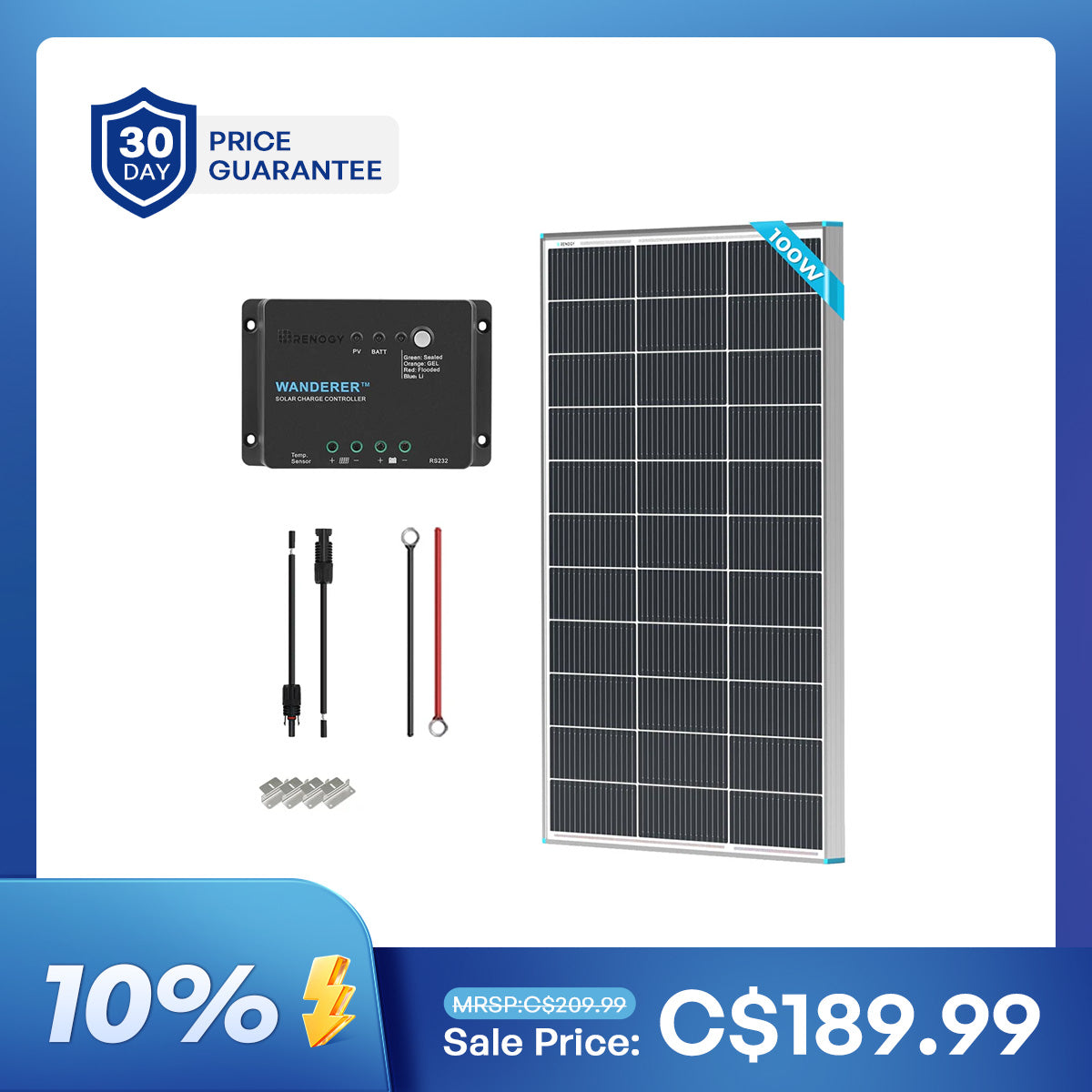 Kit de démarrage solaire monocristallin 100 W 12 V avec contrôleur de charge Wanderer 30 A 