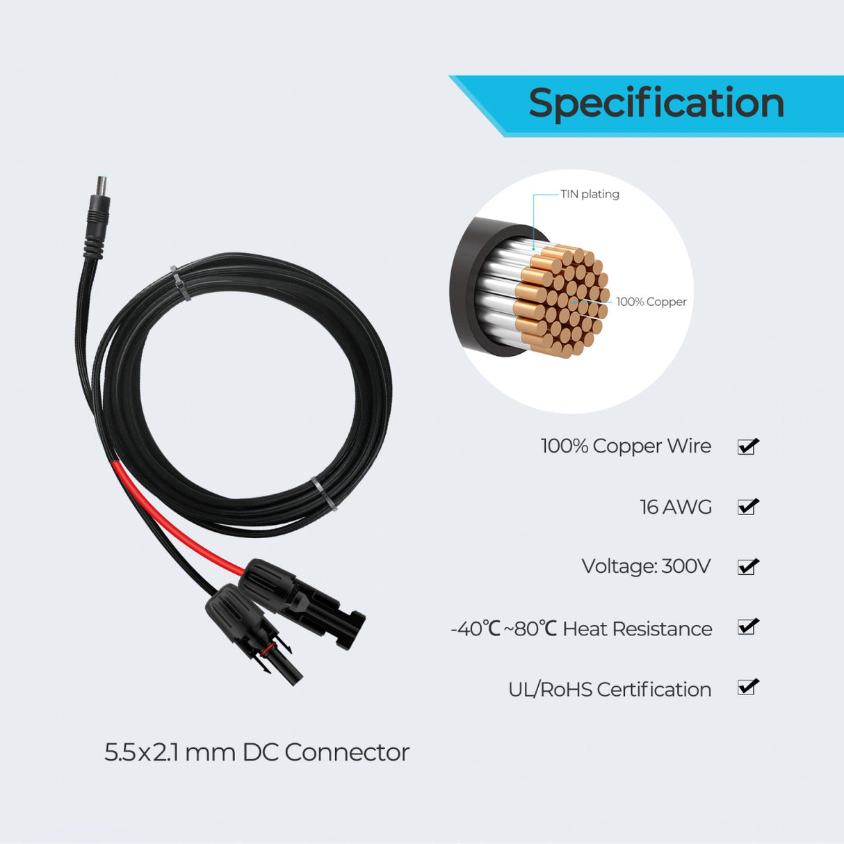 Renogy 10Ft 16AWG Solar Connector to 5.5x2.1mm DC Connector Adapter Cable