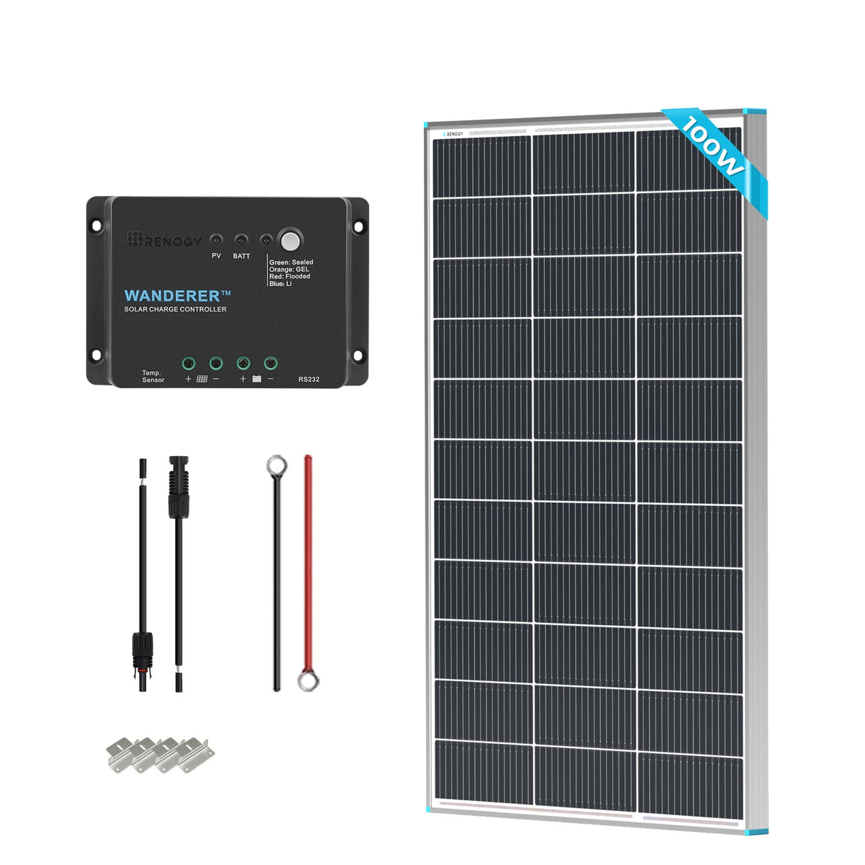 100 Watt 12 Volt Monocrystalline Solar Starter Kit w/Wanderer 30A Charge Controller
