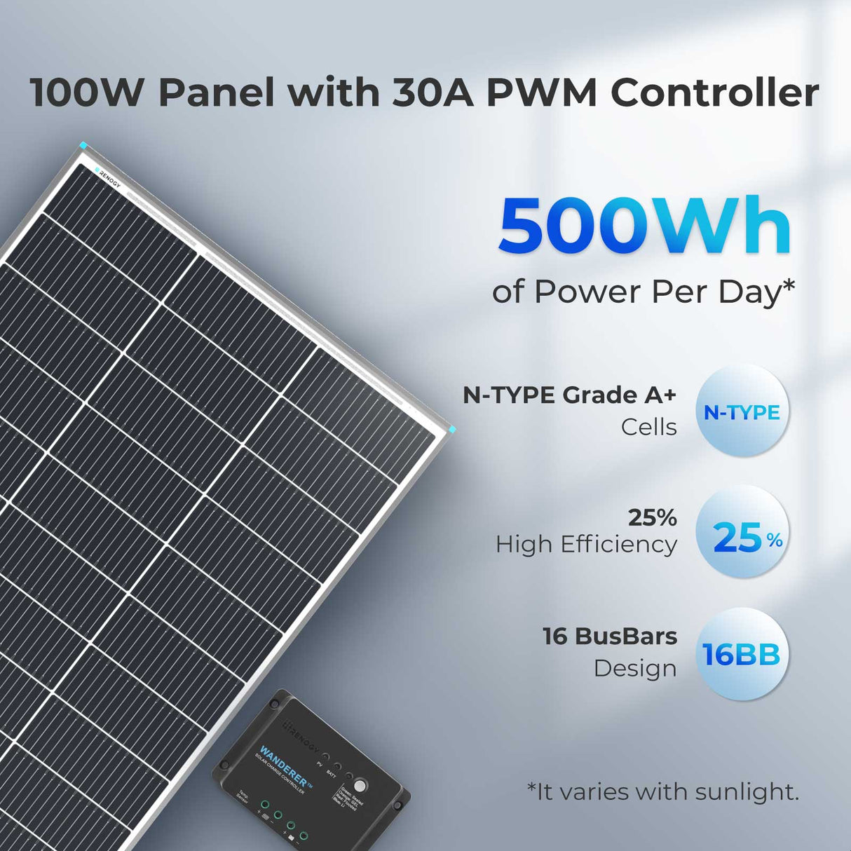 100 Watt 12 Volt Monocrystalline Solar Starter Kit w/Wanderer 30A Charge Controller